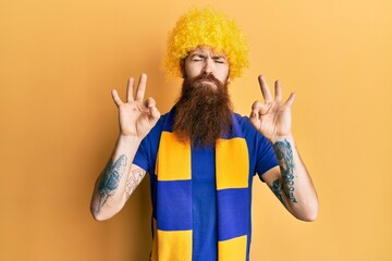 Redhead man with long beard football hooligan cheering game wearing funny wig relax and smiling...