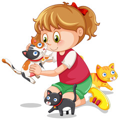 A girl  playing with her cats