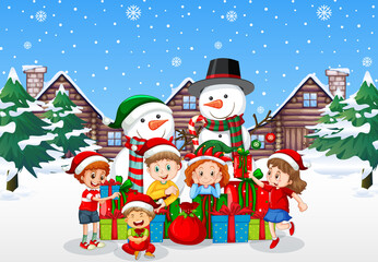 Santa Claus with friends on snowy blue background