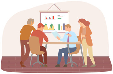 Manager makes presentation of statistical report analysis charts. Planning business. Teamwork consulting for project management, financial reporting and strategy. Data analysis research statistics