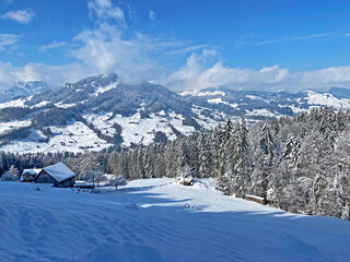 Fototapeta na wymiar Winter snow idyll in the Thur river valley (or Thurtal) between the Alpstein and Churfirsten mountain massifs, Nesslau - Obertoggenburg region, Switzerland / Schweiz
