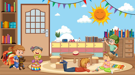 Scene with kids playing in classroom