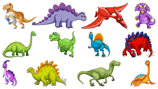 Many dinosaurs on white background