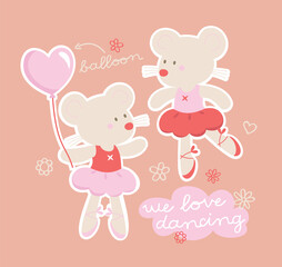 little mouse ballet dancing with balloon cartoon vector we love dancing illustration for print and other garment uses.
