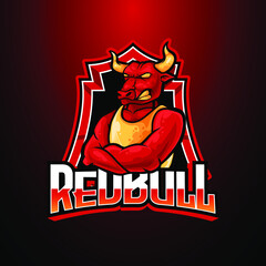 Red Bull E-Sport Logo, Mascot, and Emblem Template Isolated Vector. Illustration Logo. Suitable for Game, Streamer, and E-Sport Team.
