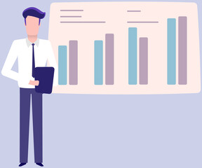 Man standing next to flipchart with diagram. Presentation board with statistical data. Business report showroom with poster and lecturer. Businessman demonstrates results of statistical research