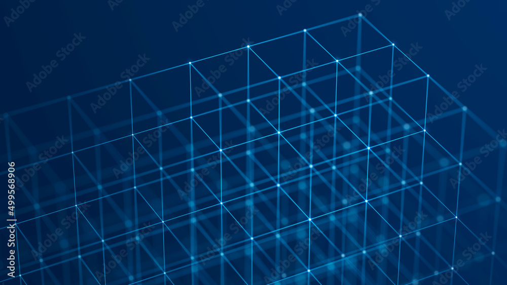 Poster 3d cube of lines and dots. wireframe polygonal element on dark background. science and technology. 3