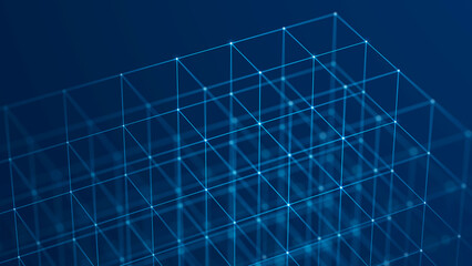 3D cube of lines and dots. Wireframe polygonal element on dark background. Science and technology. 3d