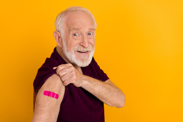 Profile side photo of senior man vaccinated antibody campaign covid-19 prevention isolated over...