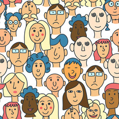 Faces men and women different races seamless pattern. Continuous background with different faces people. Abstract model equal society. Template for design vector illustration