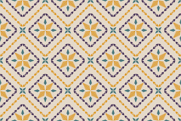 Ikat seamless pattern in tribal. Fabric ethnic pattern art. Flower decoration. Design for background, wallpaper, vector illustration, fabric, clothing, carpet, textile, batik, embroidery.