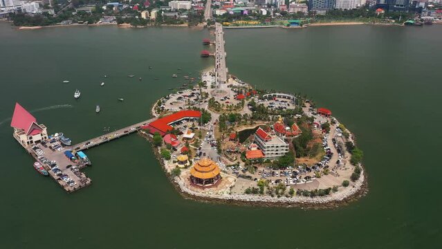 Aerial view of Ko Loi island, Sri Racha with ocean beach or sea, Chonburi skyline, Thailand.