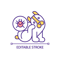 Ear mites in dogs RGB color icon. Discomfort and itching in pet ear canals. Domestic animal scratching head. Isolated vector illustration. Simple filled line drawing. Editable stroke. Arial font used