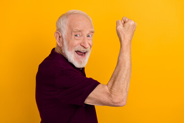 Profile side photo of mature cheerful man rejoice lucky fists hands sportive isolated over yellow...
