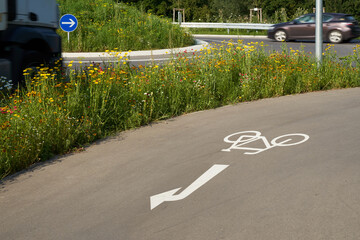 Wildflowers at the traffic circle. Round traffic island with blue road sign. Gray Bike path in the foreground. Intersection on german road. Truck and car. Germany. - obrazy, fototapety, plakaty
