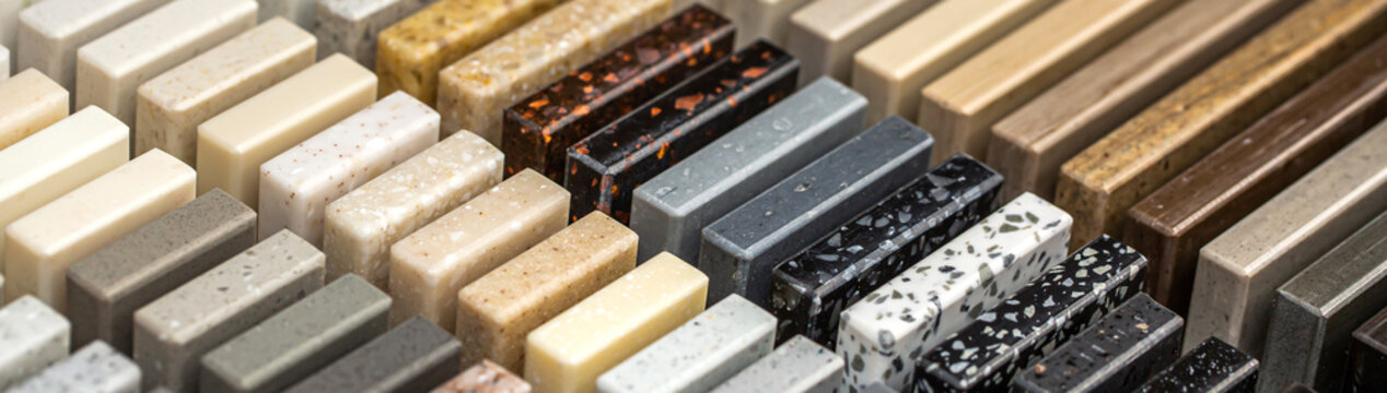 A set of samples of stones for decorative interior decoration. Beautiful set of marble and granite with stains, onyx surface. Finishing stone for furniture and interior.