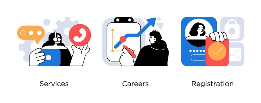 Corporate website sections or pages - set of business concept illustrations. Services, careers, registration. Visual stories collection.