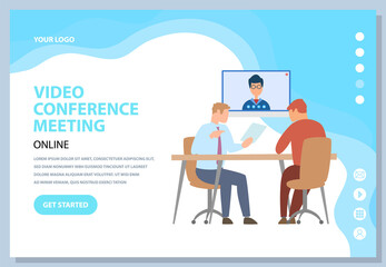 Online business meeting, virtual communication. Company staff cooperation, project strategy planning. Partnership, brainstorming, collaboration via Internet. Colleagues communicate using video call