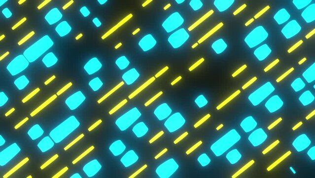 Looped 3D animation of moving yellow and blue objects. Bright abstract linear neon background. Digital binary data stream.