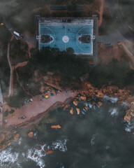 Basketball court near the sea in Odessa. Sports event in the air. Video from above. Health track, Arcadia.