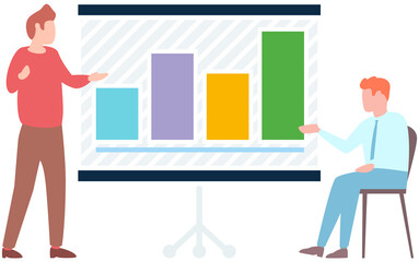 Manager makes presentation of statistical report analysis charts. Planning business. Teamwork consulting for project management, financial reporting and strategy. Data analysis research statistics