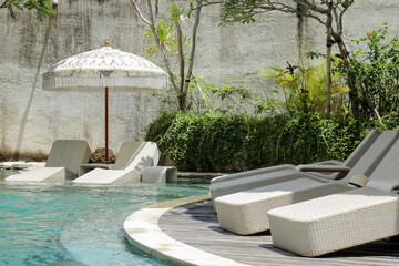 Relaxing summer, Sunbathing deck and private swimming pool, balinese style outdoor pool 
