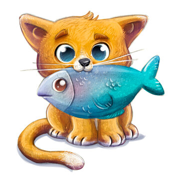 illustration of cat with fish in mouth