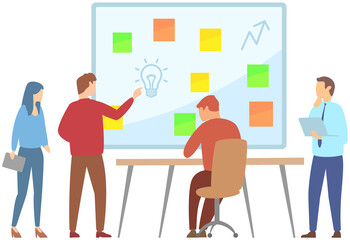 New business idea concept. Marketing strategy, team develops solutions, create new business plan. Employees share ideas, find best path, brainstorm. Man makes presentation to his colleagues at meeting