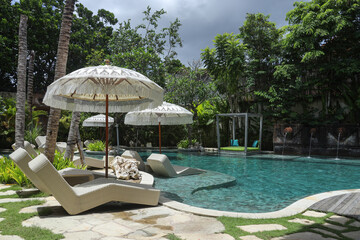 Relaxing summer, Sunbathing deck and private swimming pool, balinese style outdoor pool 