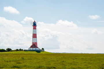 Lighthouse Westerhever in Schleswig Holstein, Germany. View on landscape by national park Wattermeer in Nordfriesland.
