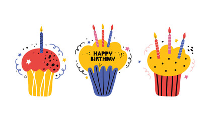 Children's happy birthday colorful horizontal banner. Bday cake with candles. Cupcake, muffin. Holiday greeting card. Hand drawn vector illustration in Scandinavian style for children's festivity.