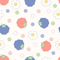 Poster Seamless pattern of raspberries, blackberries, white flowers and green, white, pink and purple dots. © Татьяна Рябова