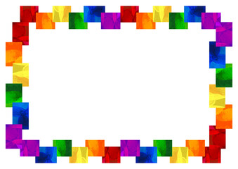 6色の虹色の四角形がランダムに並ぶ長方形のフレームのイラスト_背景素材