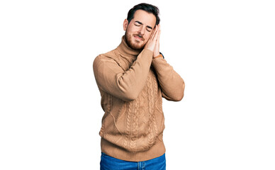 Young hispanic man wearing casual clothes sleeping tired dreaming and posing with hands together while smiling with closed eyes.