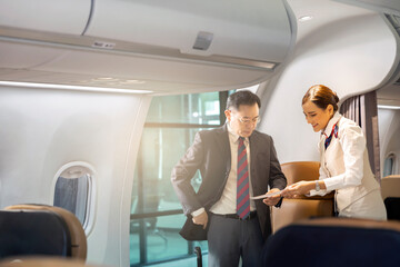 Mature asian businessman in formal suit and wearing spectacles holding boarding pass standing in commercial airplane. Cabin crew greeting passenger and checking passenger ticket in airplane.
