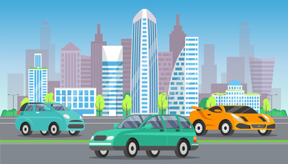 Modern cars sedan and minivan drive on road in city against tall buildings on carriageway. Urban landscape auto road vehicle, transportation. Car tourism, auto trip, journey, automobile transport