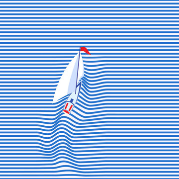 Yacht on the sea wave. Vector illustration of a yacht with sails located on the crest of a sea wave. Sketch for creativity.