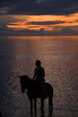 Horse riding at the sunset. Copy space for travelling and lonely concept