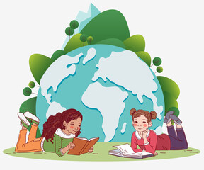 Cute little girls reading books. World map background