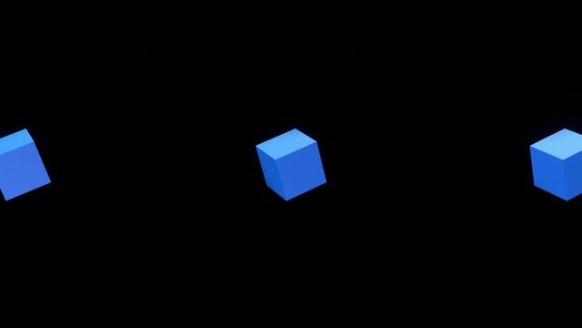 3d render cubes of blue, yellow and pink spectrum rotating on dark background, camera zoom out, 4k