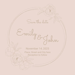 doodle line art peony flower circle wreath frame minimal wedding invitation template