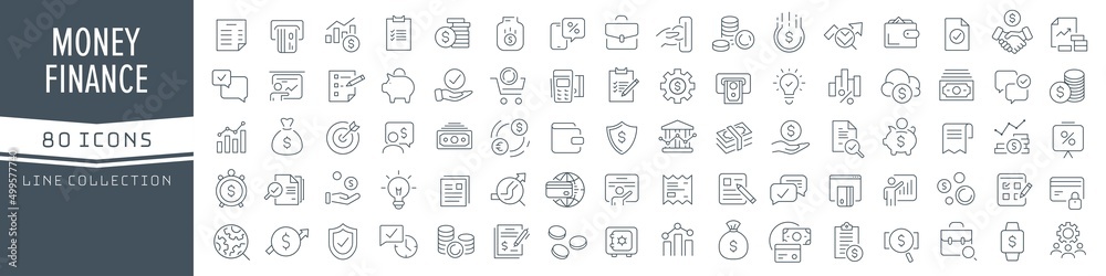 Poster Money and finance line icons collection. Big UI icon set in a flat design. Thin outline icons pack. Vector illustration EPS10