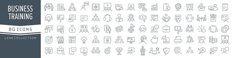 Fototapeta Business training and workshop line icons collection. Big UI icon set in a flat design. Thin outline icons pack. Vector illustration EPS10 obraz