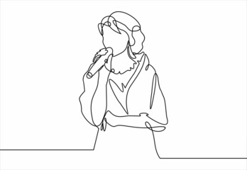 Singer in continuous line art drawing style. Young woman holding microphone and singing.