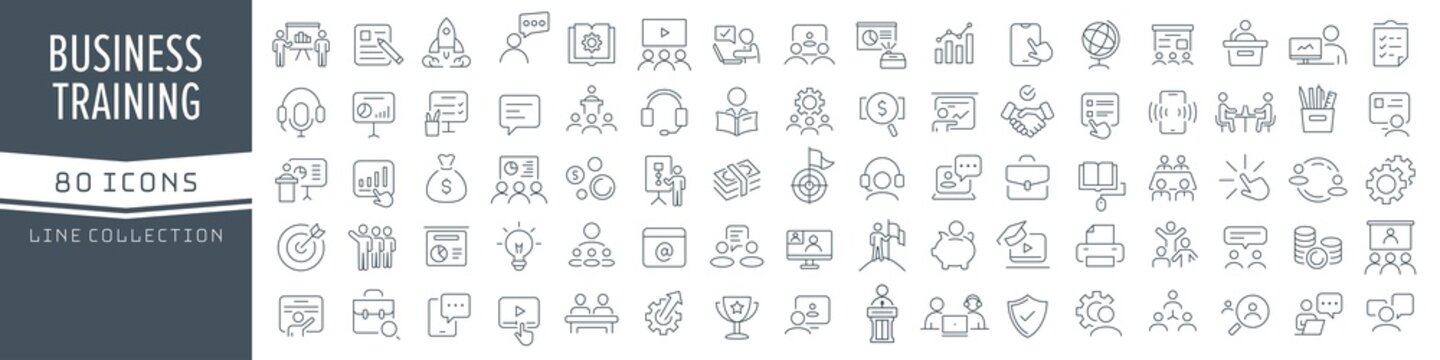 Business training and workshop line icons collection. Big UI icon set in a flat design. Thin outline icons pack. Vector illustration EPS10