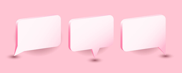3d Speech Bubble. Realistic chat icon set, communication balloon, pink rectangle elements with shadows, chatting and talking and discussion, empty message with copy space, vector isolated set