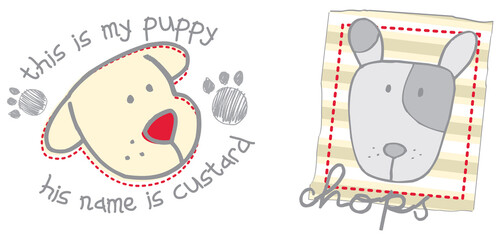 Cartoon puppy name custard and hops dog vector illustration for kids t shirt print, greeting card invitation, badges, stickers, book covers, pyjamas and mugs