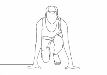 Young male running athlete on low start postion - continuous one line drawing