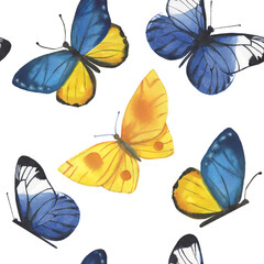 Watercolor seamless pattern with butterflies. Ukrainian hand painted pattern for design, fabric, wrapping paper or print. Support and peace for Ukraine