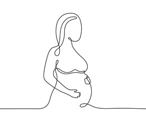 Pregnant woman, continuous art line one drawing. Pregnancy woman, expectant mother. Single outline minimalist draw. Vector contour illustration
